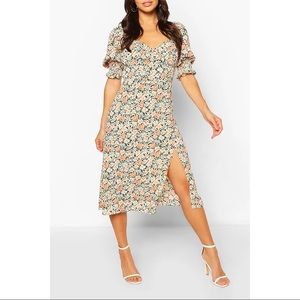 Boohoo Floral Puff Sleeve Slit Front Midi Dress
